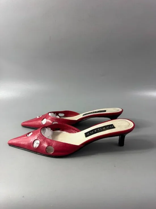 Marilena Red Leather Pointed-toe Kitty Heel Sandals, Size 37 - Picture 5 of 13